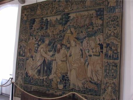 Krefeld : Wasserburg Linn, Innenräume, flämischer Wandteppich im Rittersaal.